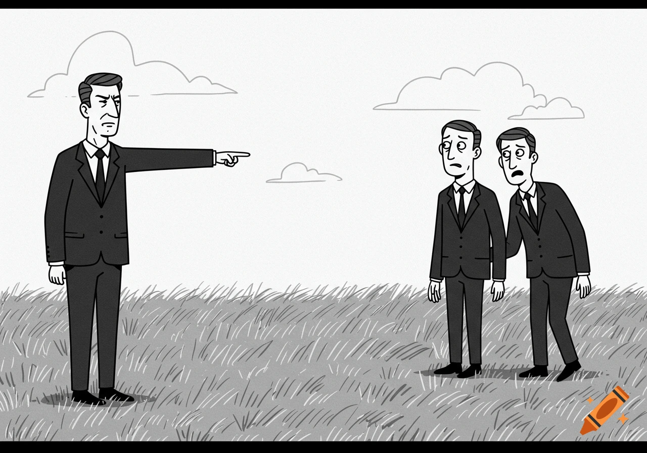 Black and white cartoon illustration of a man in a business suit pointing at two nervous men in suits in a grassy field.