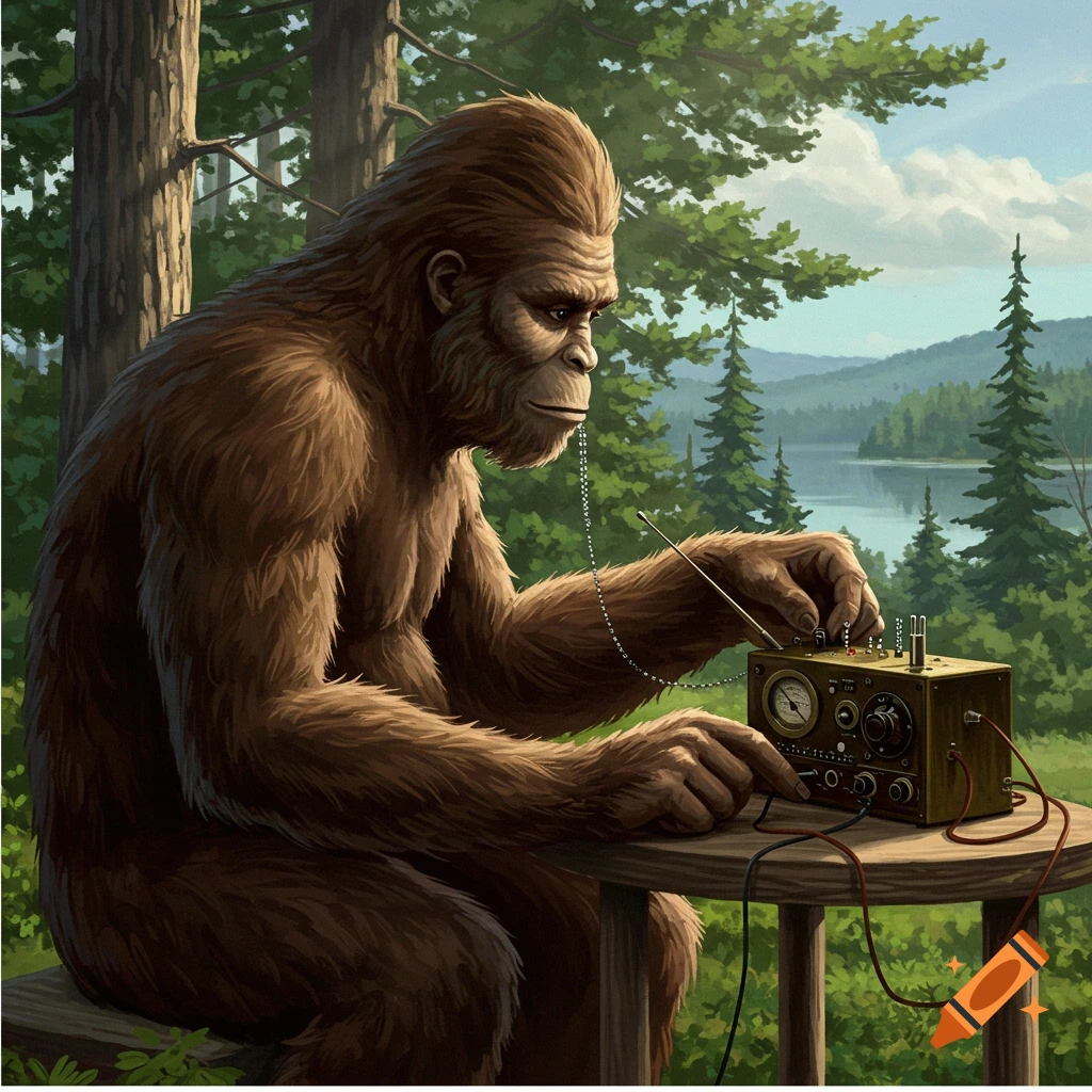A brown, furry Bigfoot sits on a stool in a forest, intently operating a vintage Morse code radio on a wooden table. A lake and trees are in the background.