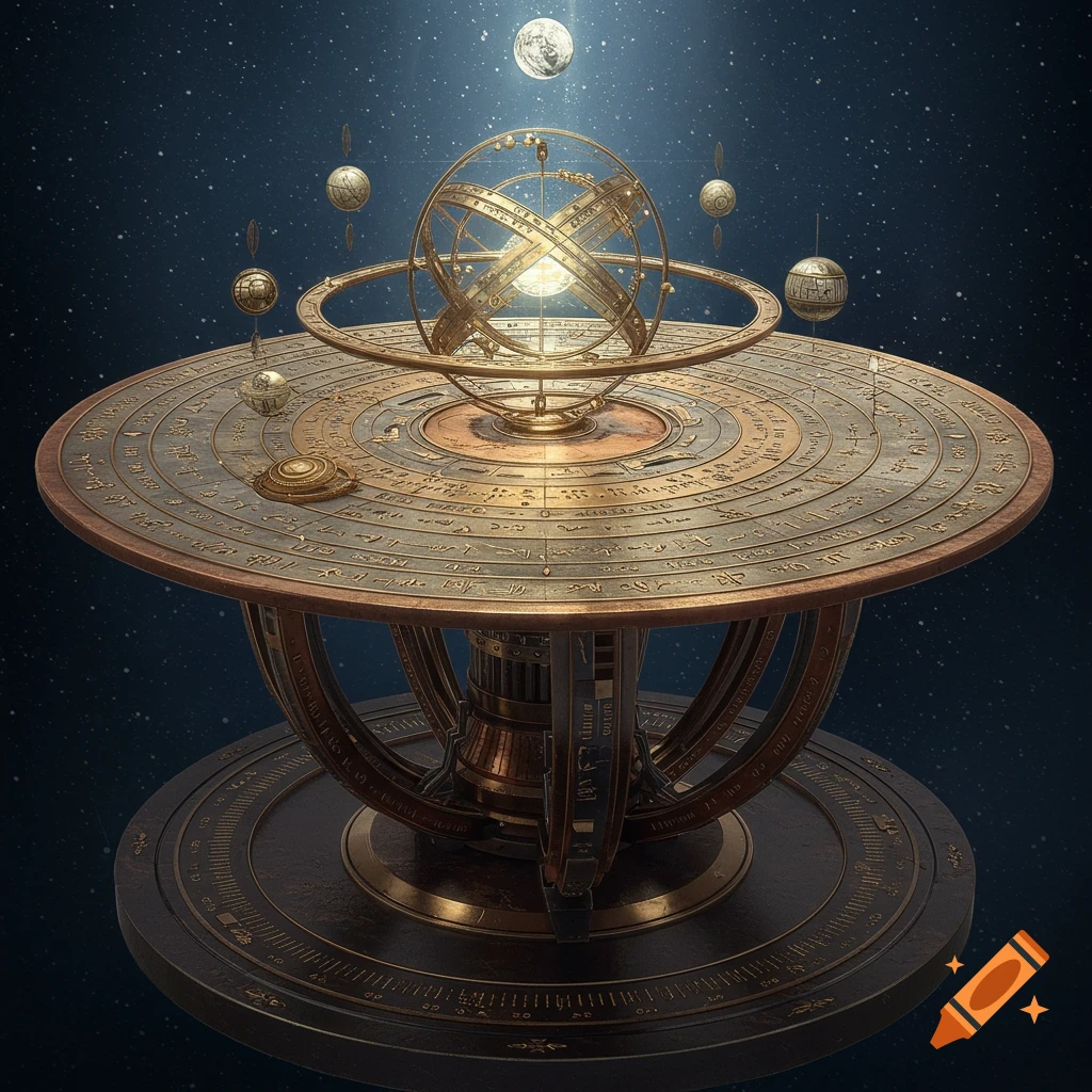 An ornate, ancient celestial table with an armillary sphere, covered in intricate glyphs, set against a starry cosmic background.