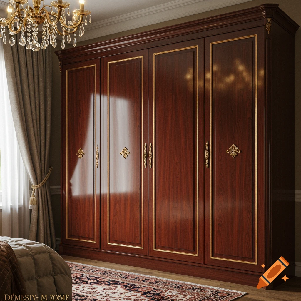 Ornate dark wood four-door wardrobe with gold trim and handles in a classic bedroom with a crystal chandelier and patterned rug.
