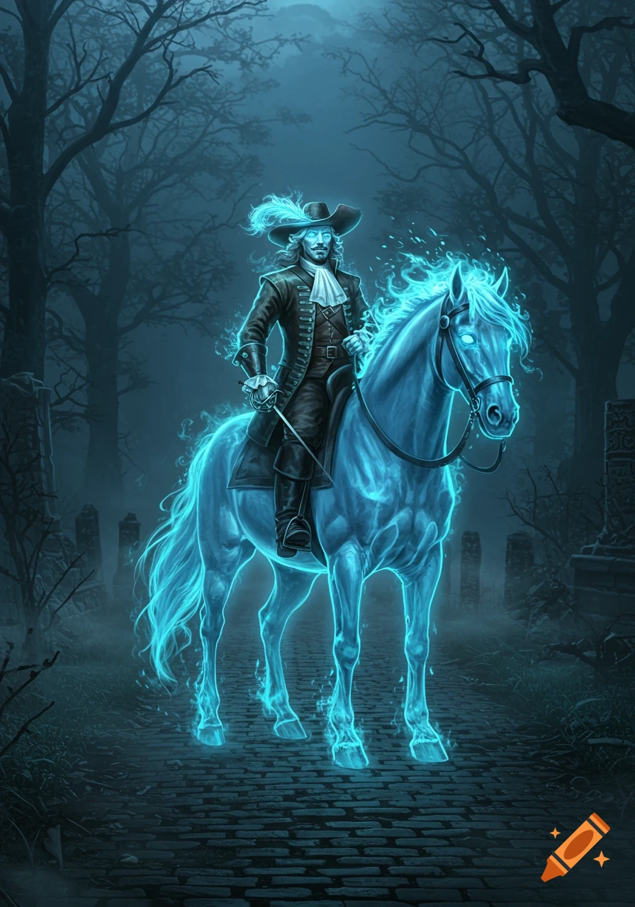 A ghostly musketeer on a glowing blue spectral horse rides through a dark, misty forest path with gravestones, in a fantasy art style.