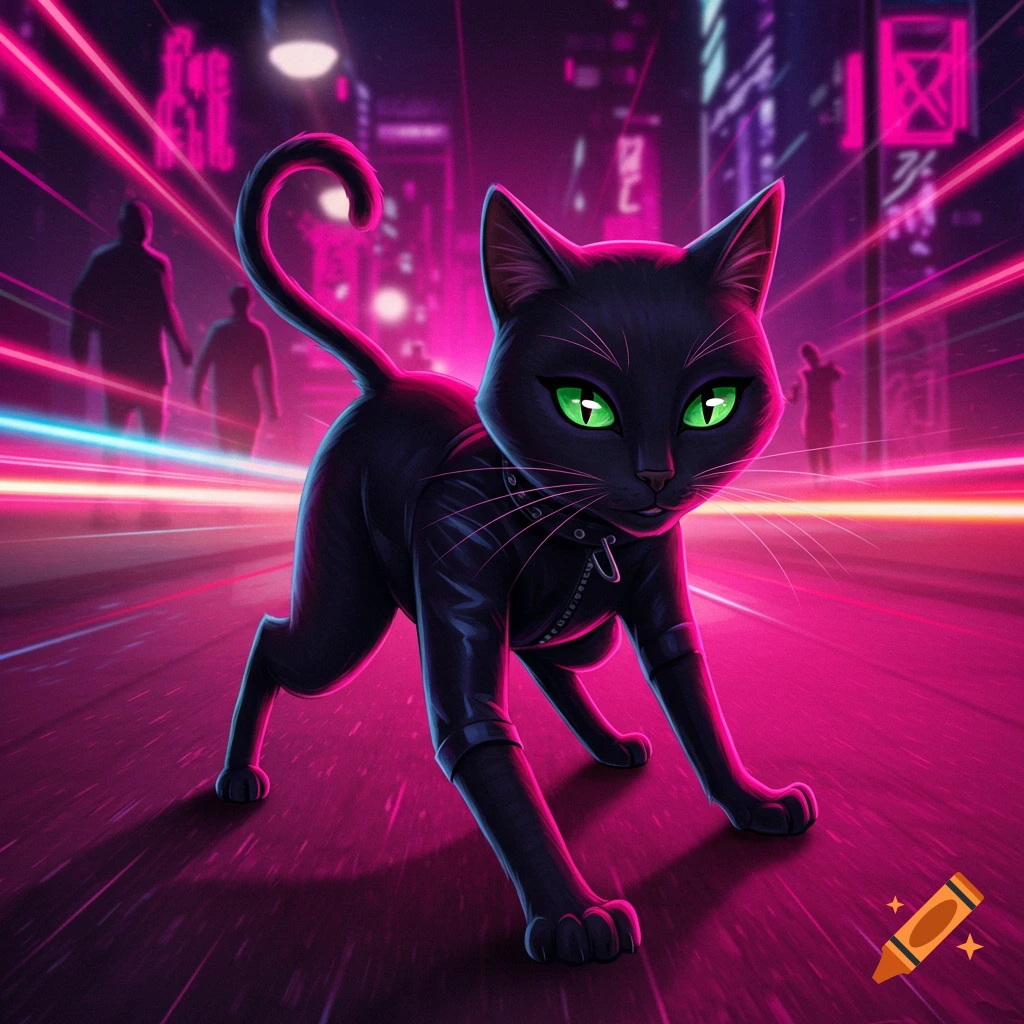 Stylized black cat with green eyes crouching on a neon-pink cyberpunk street with blurred city lights.