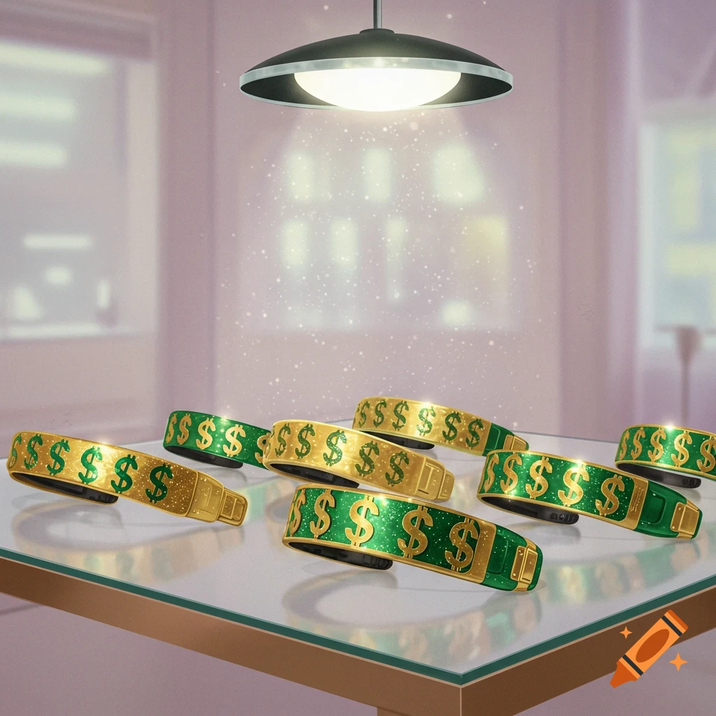 Golden and green wristbands with dollar signs on a glass table under a spotlight.