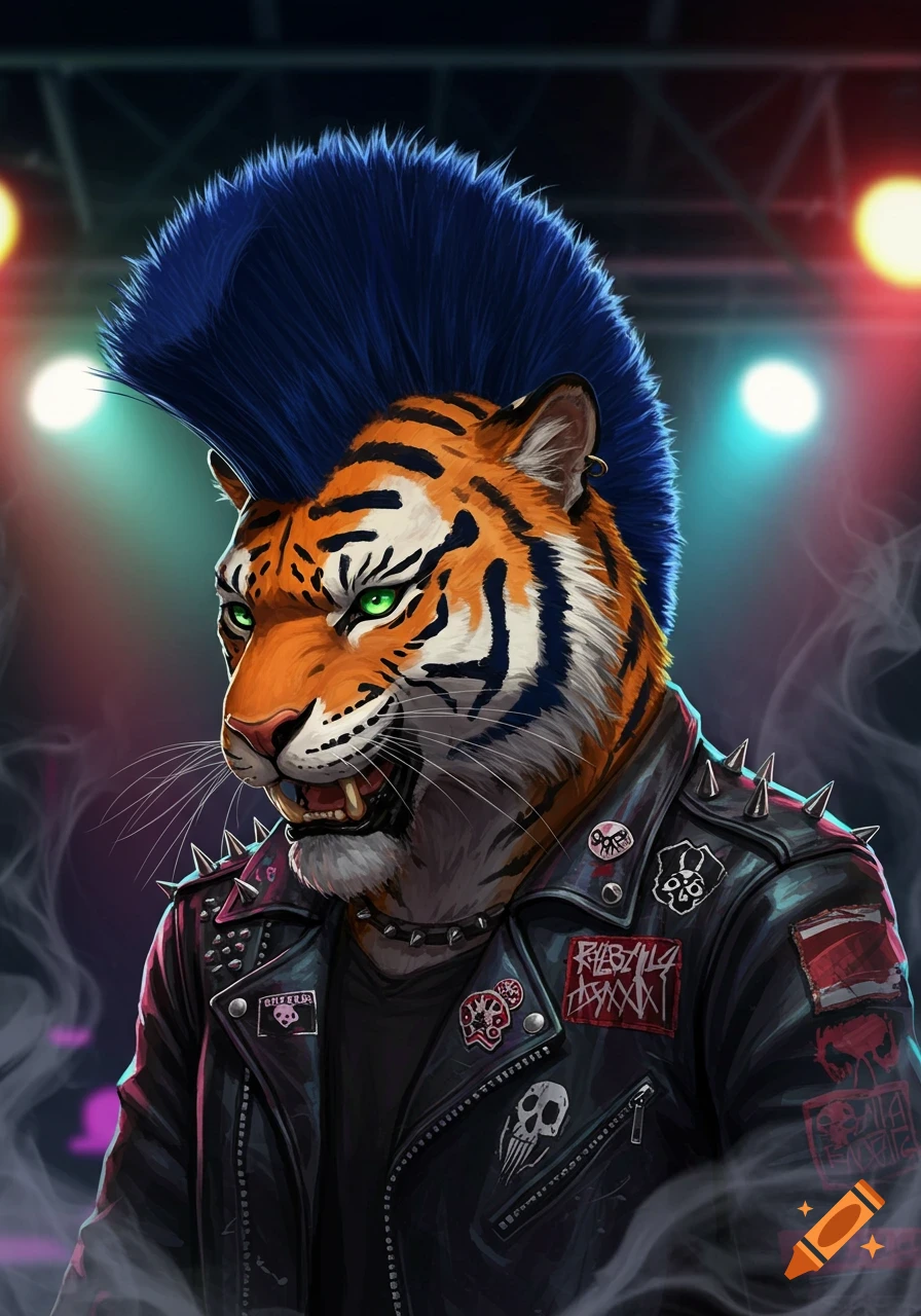 A digital art portrait of a humanoid tiger with a blue mohawk and a studded leather jacket, with stage lights in the background.