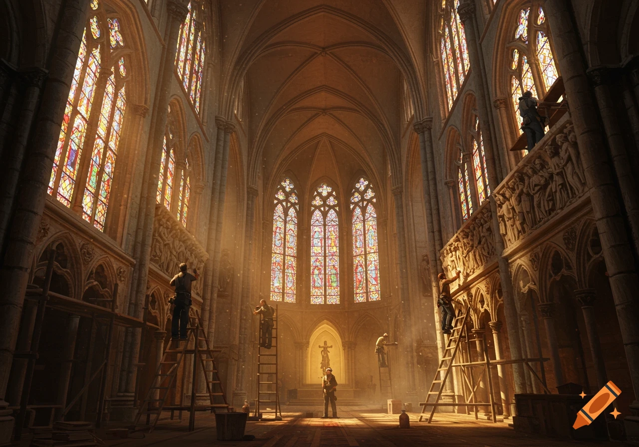 Workmen on ladders inside a grand gothic cathedral with stunning stained glass windows and sunbeams.