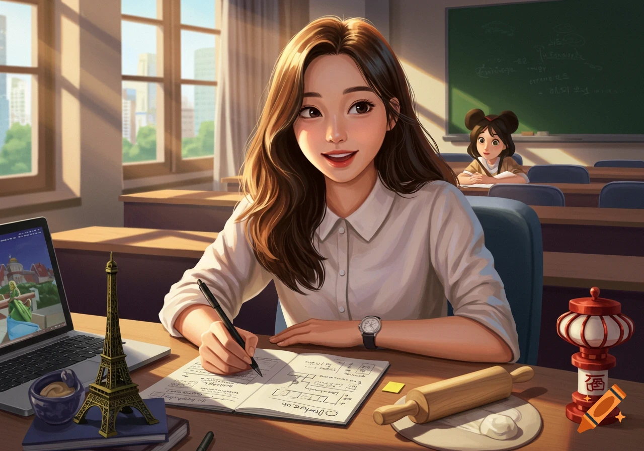 An anime-style image of a smiling female student writing in a notebook at a desk in a sunlit classroom, with a laptop, Eiffel Tower figurine, and baking tools nearby.