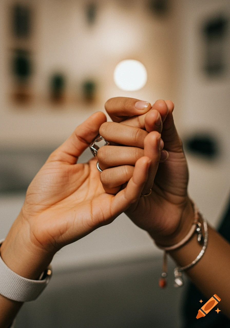 Close-up, photorealistic shot of two people's intertwined hands, one wearing rings and a watch, the other bracelets.