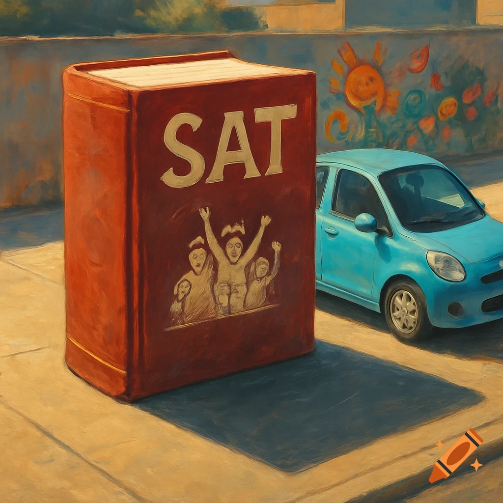 A giant red SAT textbook stands on pavement next to a small blue car, a colorful mural on the wall behind them, in a painterly style.