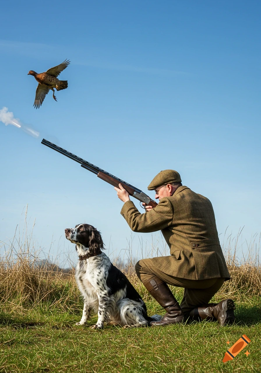 A man in tweed kneels, aiming a shotgun at a flying pheasant, with a black and white spaniel sitting beside him in a grassy field.