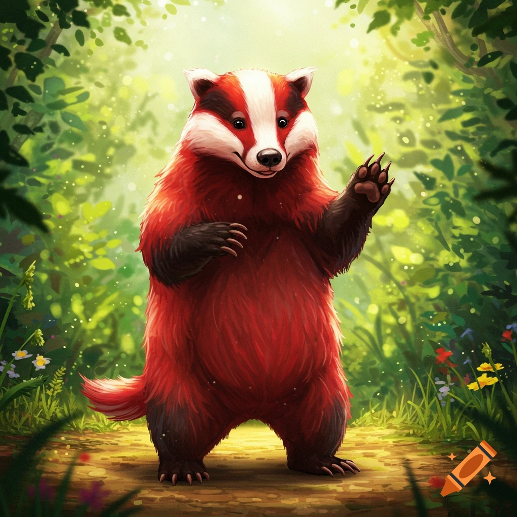 A red-furred badger stands on a sunny forest path, grinning mischievously with front paws raised, cartoon style.