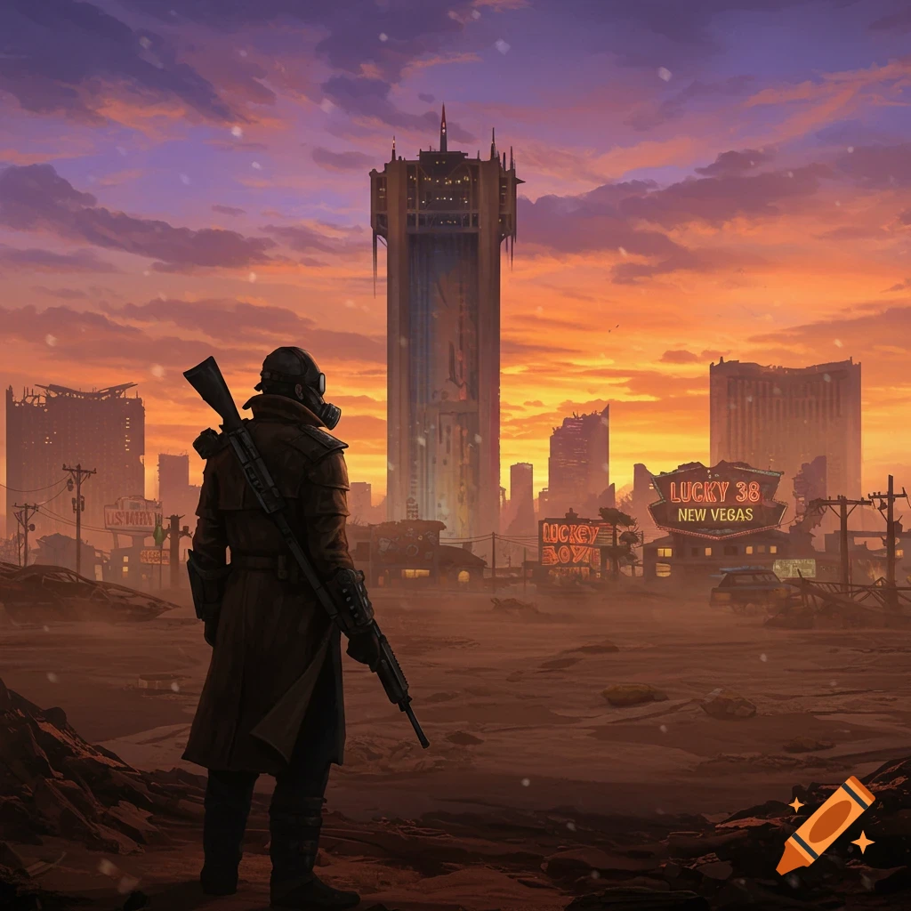 A solitary figure in a gas mask and trench coat stands in a desolate, snowy wasteland, gazing at a ruined city skyline with a tall, ominous tower and glowing neon signs like 'LUCKY 38 NEW VEGAS' under a vibrant sunset sky. They carry a rifle over their shoulder.