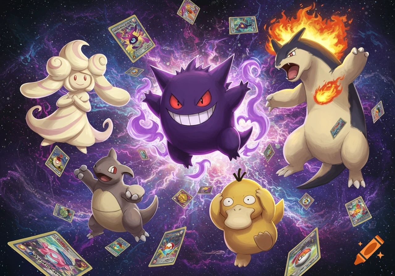 Gengar, Alcremie, Typhlosion, Psyduck, and a Cubone-like creature float in a starry purple nebula with many flying Pokémon cards.