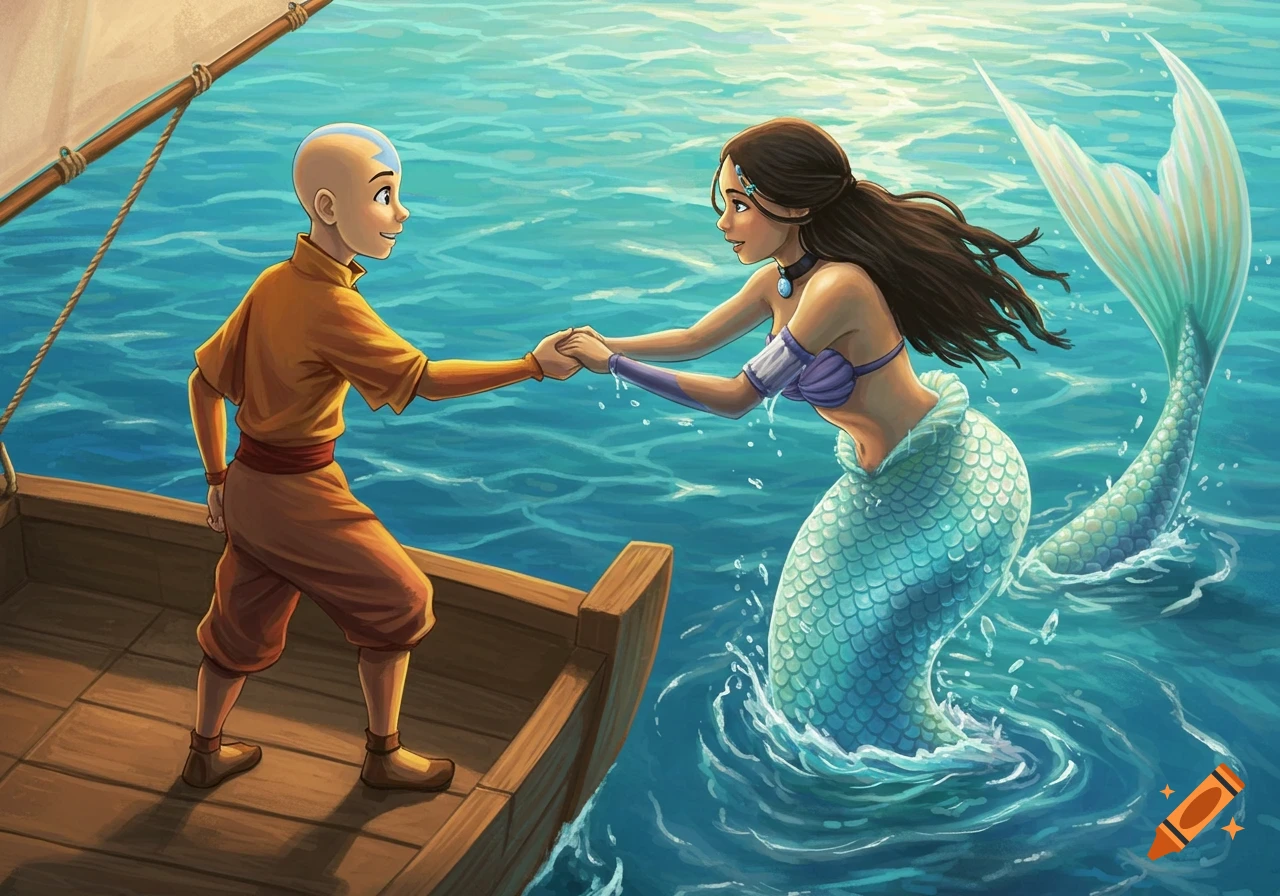 Aang on a boat holds hands with mermaid Katara in the blue ocean, both smiling lovingly. Illustrated style.