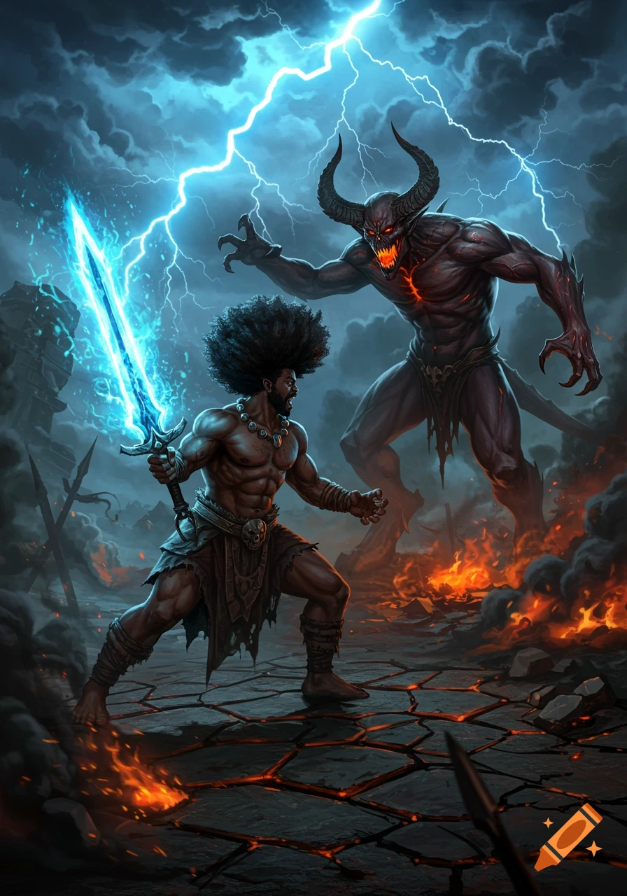 Muscular black man with afro and blue flaming sword battles a demon in a fiery, lightning-streaked fantasy landscape.