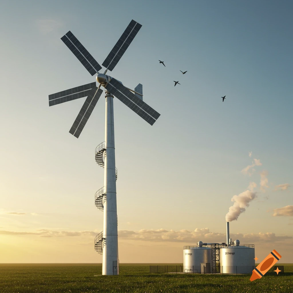 A photorealistic hybrid wind and solar turbine stands in a green field at sunset, with industrial tanks and a smoking chimney.