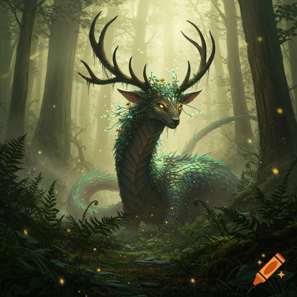 A majestic, green, scaly forest creature with antlers and glowing flowers stands in a misty, sunlit forest.