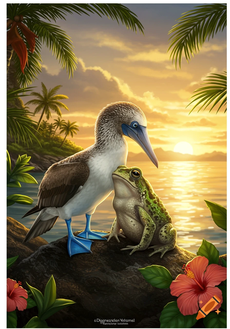 A colorful illustration of a blue-footed booby bird and a green frog sitting on a rock by the ocean at sunset, surrounded by tropical plants.