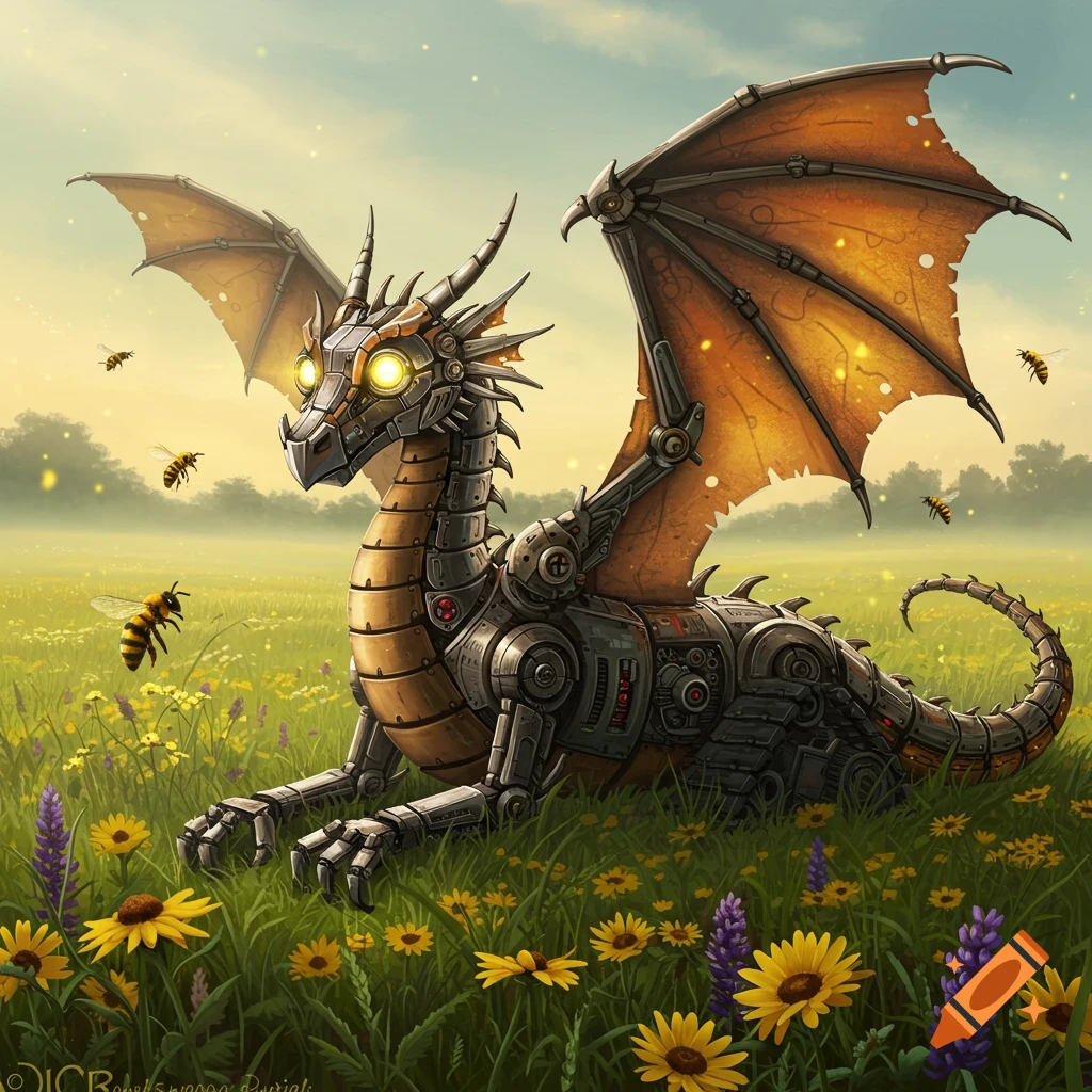 A steampunk dragon with glowing eyes and mechanical wings lies in a vibrant green field filled with yellow and purple flowers, surrounded by flying bees.
