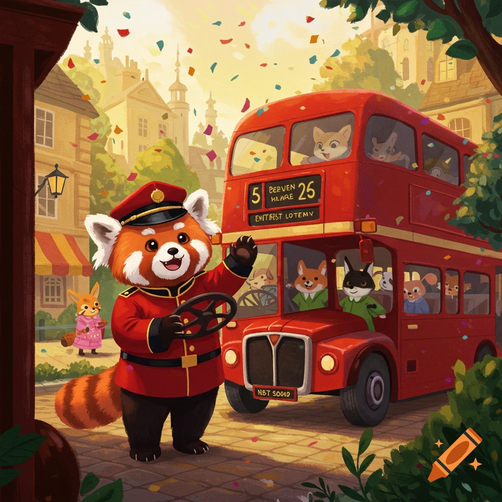 A cartoon red panda bus driver waves from a red double-decker bus filled with cute animal passengers on a confetti-strewn city street.