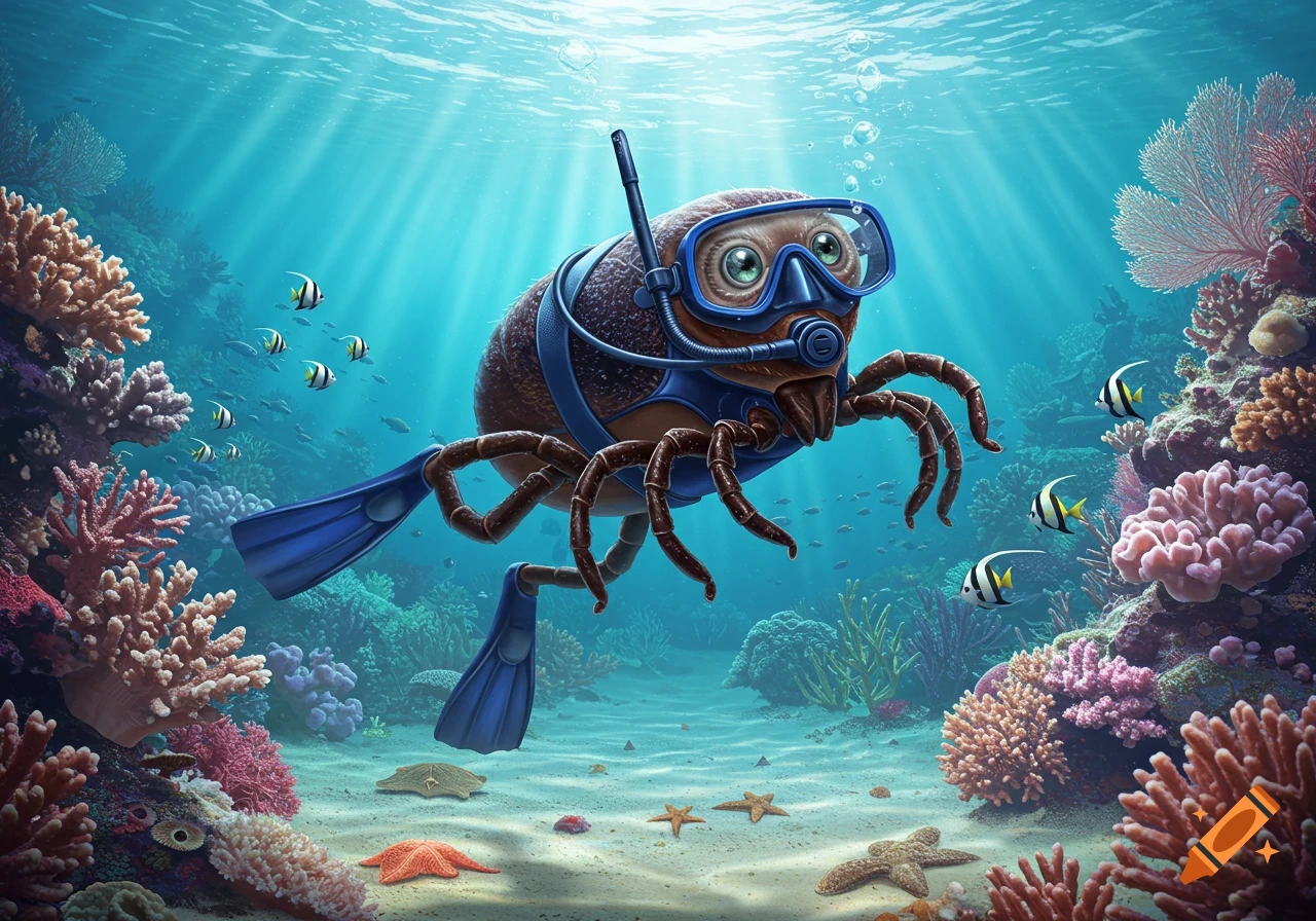 A cartoon tick in blue scuba gear and flippers swims through a vibrant coral reef with colorful fish and starfish.
