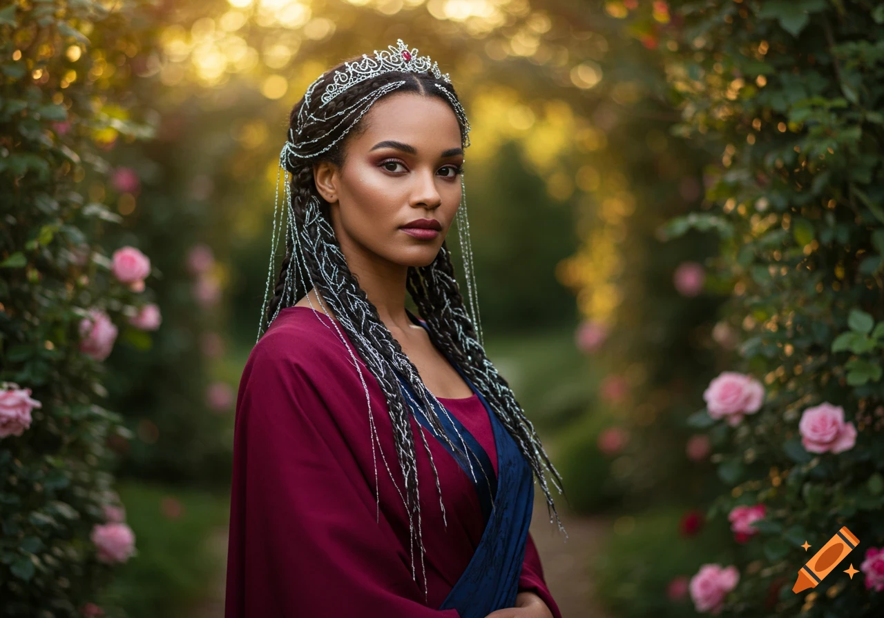 A woman with intricate braids, a silver headpiece, and a crown, wearing a maroon and blue gown, stands in a lush rose garden at sunset.