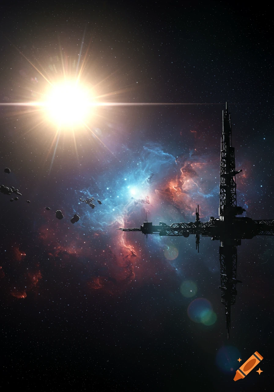 A bright sun shines in the top left over a dark space station in the bottom right, set against a colorful nebula and asteroids.