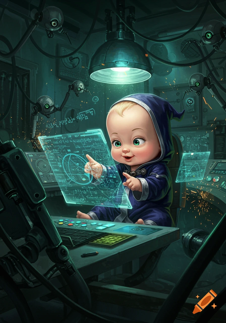 A cute baby in a blue hooded robe sits at a control panel in a dark, tech-filled room, interacting with glowing blue holographic screens.