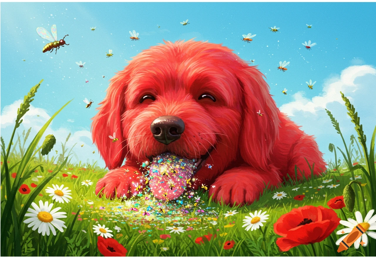 A happy red dog in a flower-filled meadow, eating colorful glitter and surrounded by flying insects, in a cheerful illustration style.