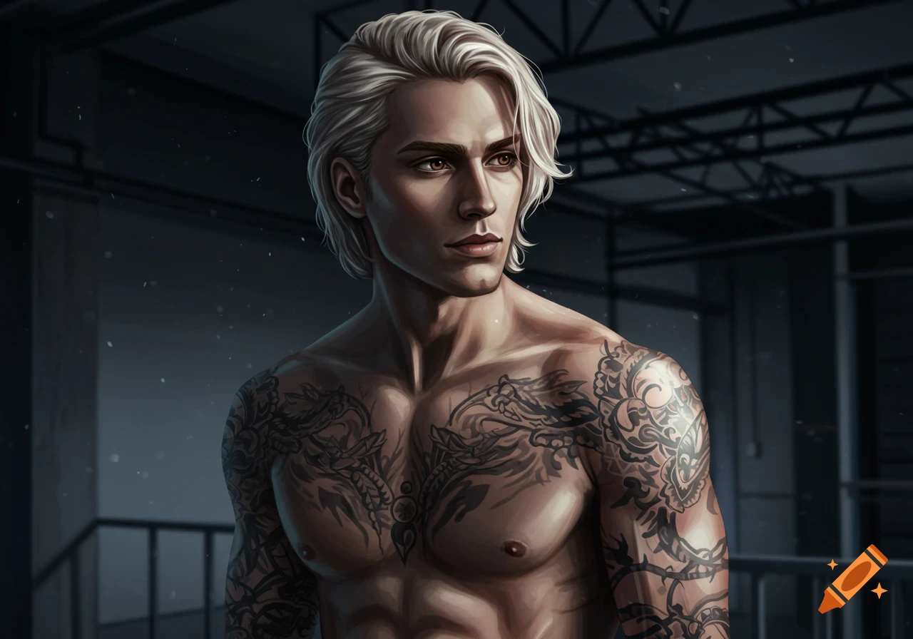 An illustrated portrait of a shirtless man with pale blonde hair and full body tattoos, looking away in a dark setting.