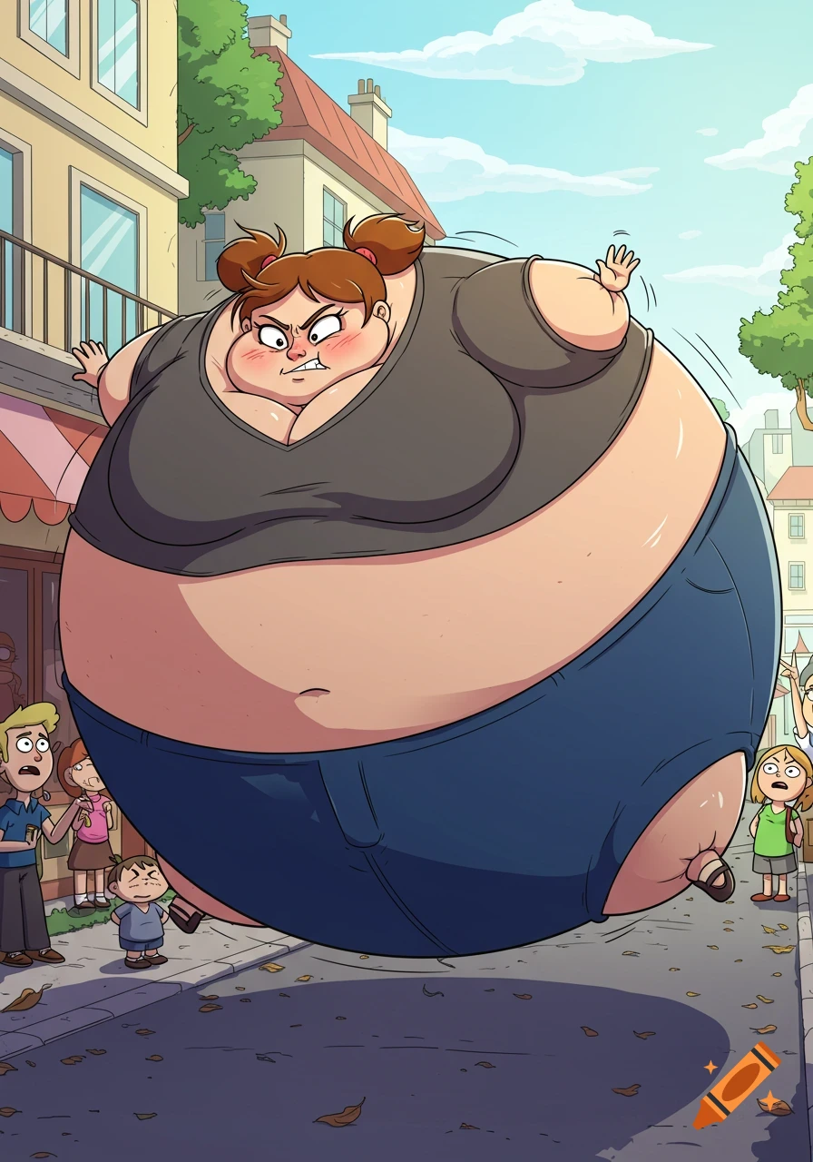 A cartoon woman, highly inflated like a giant balloon, floats down a street with an angry expression as cartoon onlookers watch in surprise.