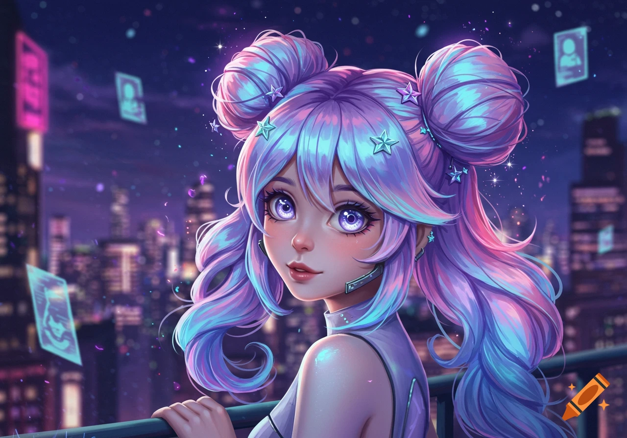 An anime girl with vibrant purple and blue hair in space buns, wearing a futuristic outfit, looks over a glowing cyberpunk city at night.
