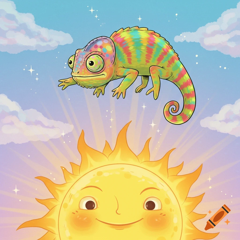 A colorful cartoon chameleon with a swirly tail floats above a smiling sun in a pastel sky with clouds and stars.