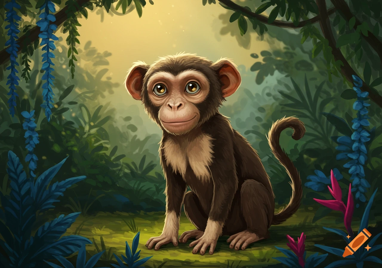 A cute, big-eyed baby monkey sits front and center in a lush, green jungle with blue and pink flowers.
