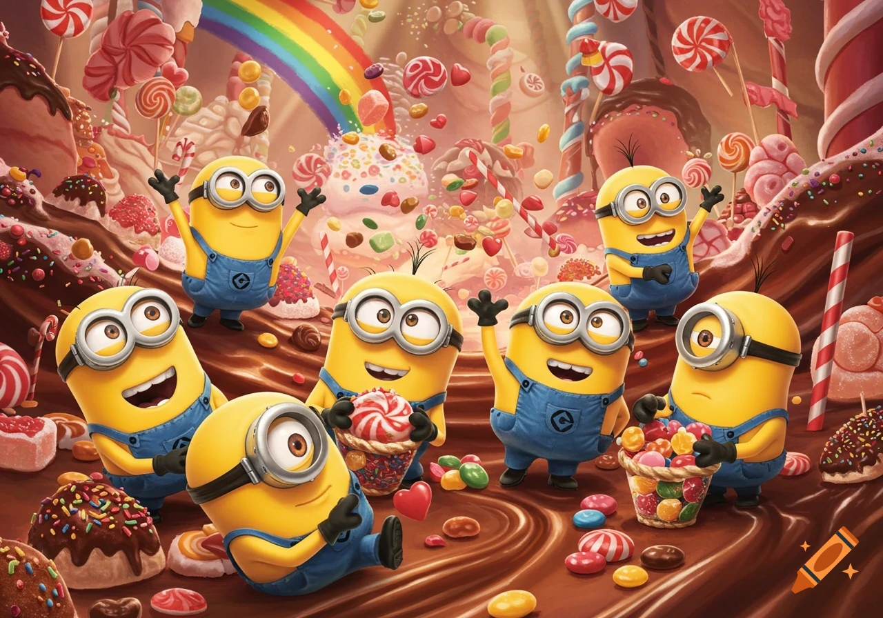 Multiple happy Minions playing in a vibrant candy land with lollipops, chocolates, and a rainbow, in a cartoon style.