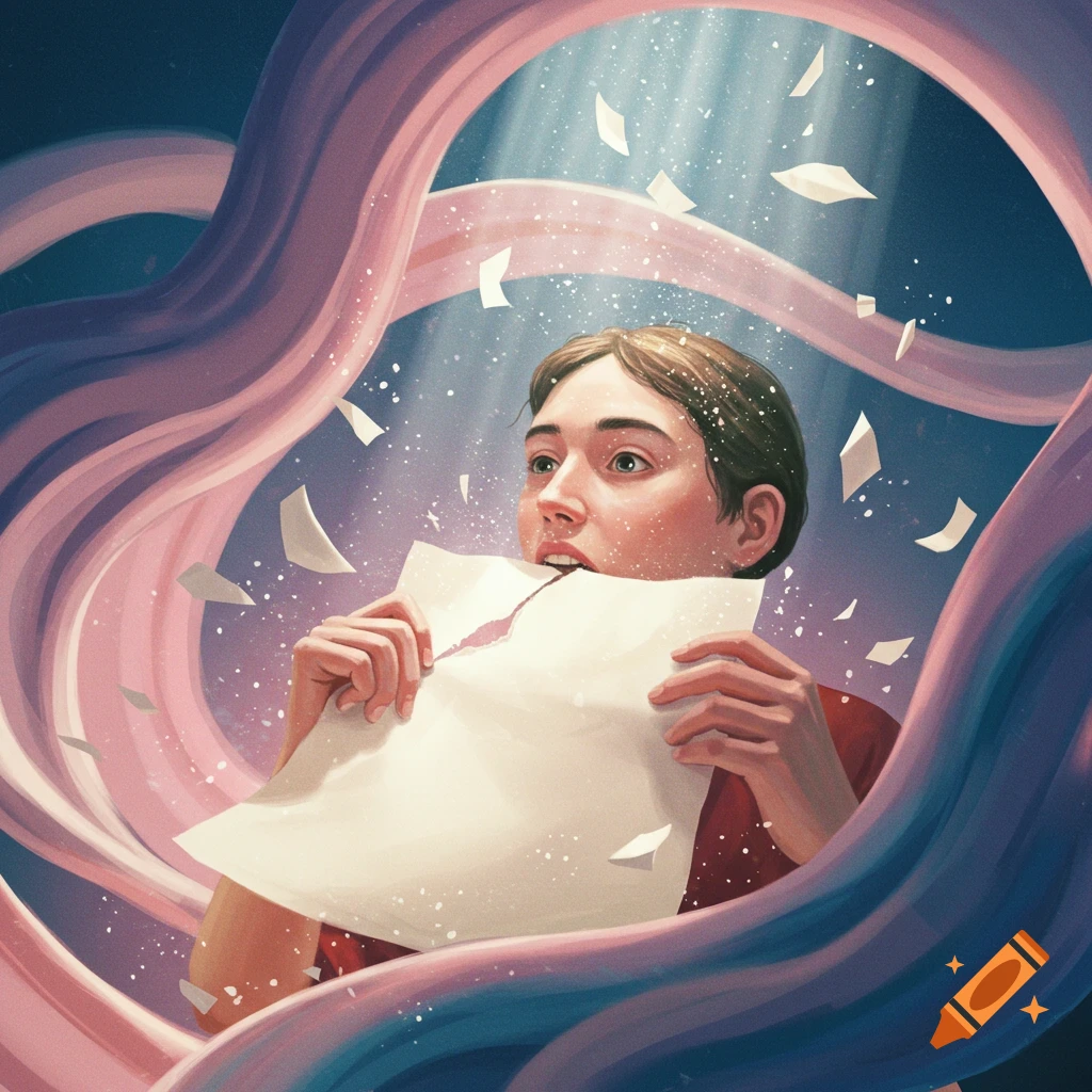 A person with light brown hair bites a torn piece of paper, while surrounded by flowing pink and blue ribbons and sparkling dust in a dreamlike illustration.