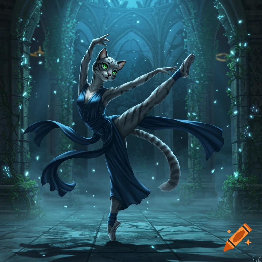 Grey fur tabaxi ballerina in blue dress dances gracefully in an overgrown gothic ruin with mystical light. Digital art.