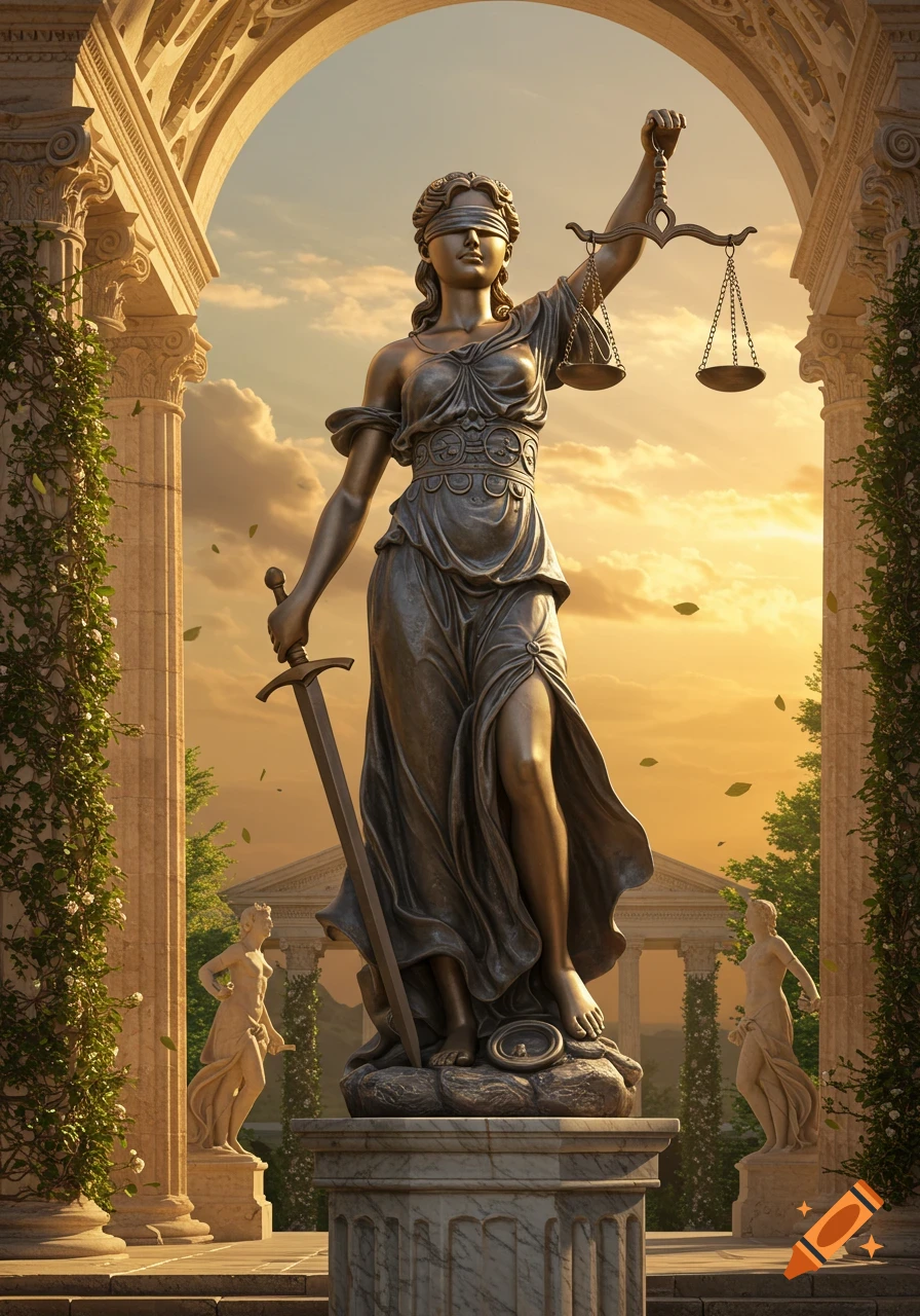 A bronze statue of blindfolded Lady Justice holding scales and a sword, standing under an archway with classical architecture and a golden sunset.