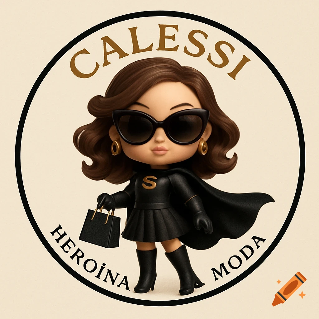 Circular logo with a cute 3D fashion doll superheroine in black, sunglasses, cape, and shopping bag, with text "CALESSI HEROINA MODA".