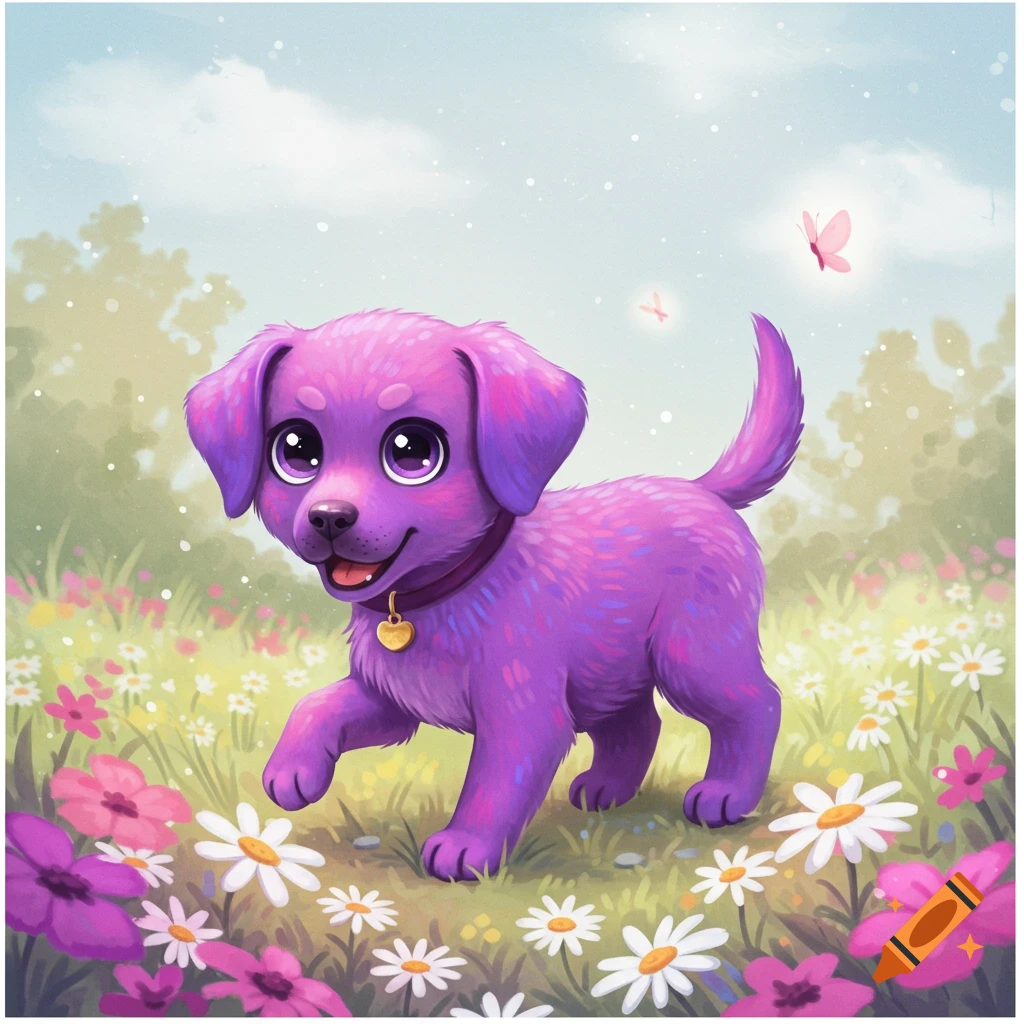A cute cartoon purple puppy with big eyes walks through a field of colorful flowers.
