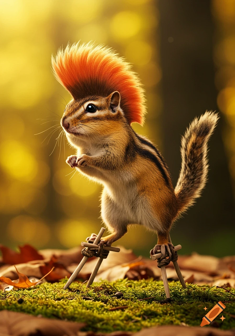 A photorealistic chipmunk with a bright orange mohawk balances on small wooden stilts amidst green moss and autumn leaves.