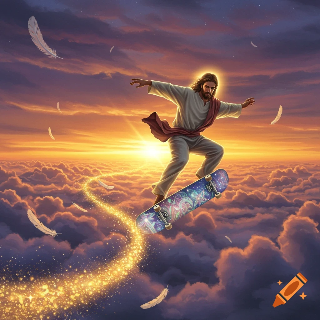 Jesus skateboarding on a cosmic board above sunset clouds, leaving a trail of golden sparkles with feathers floating around.