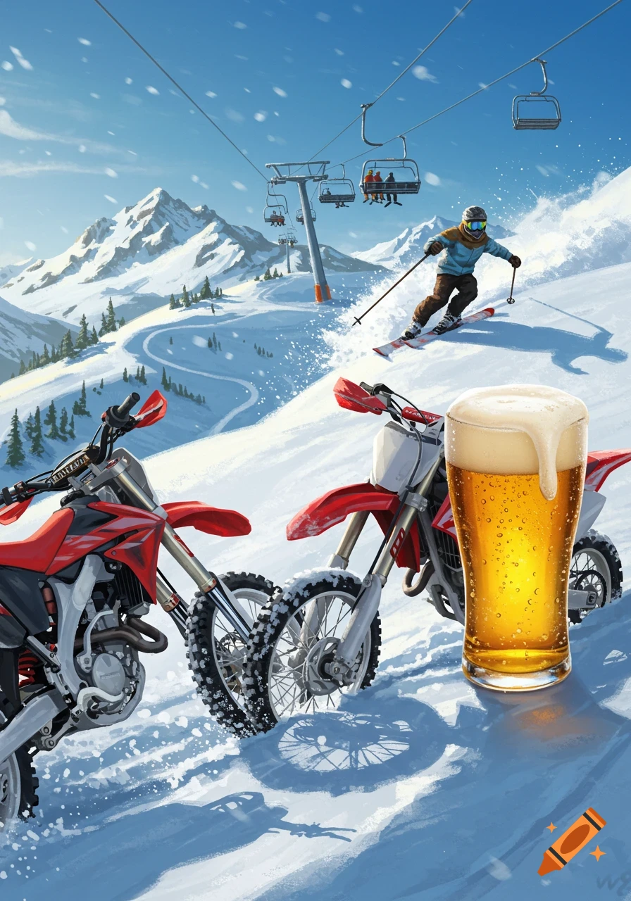 An illustration of a person skiing down a snowy mountain with dirt bikes and a large glass of beer in the foreground.