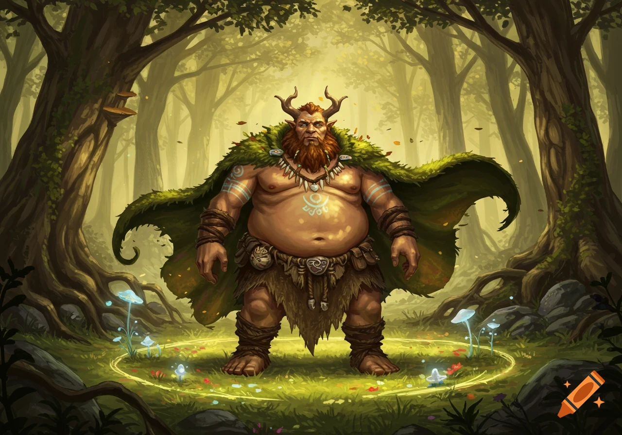 An illustrated horned druid goliath with a red beard, leafy cape, and tribal tattoos stands in a magical forest clearing.