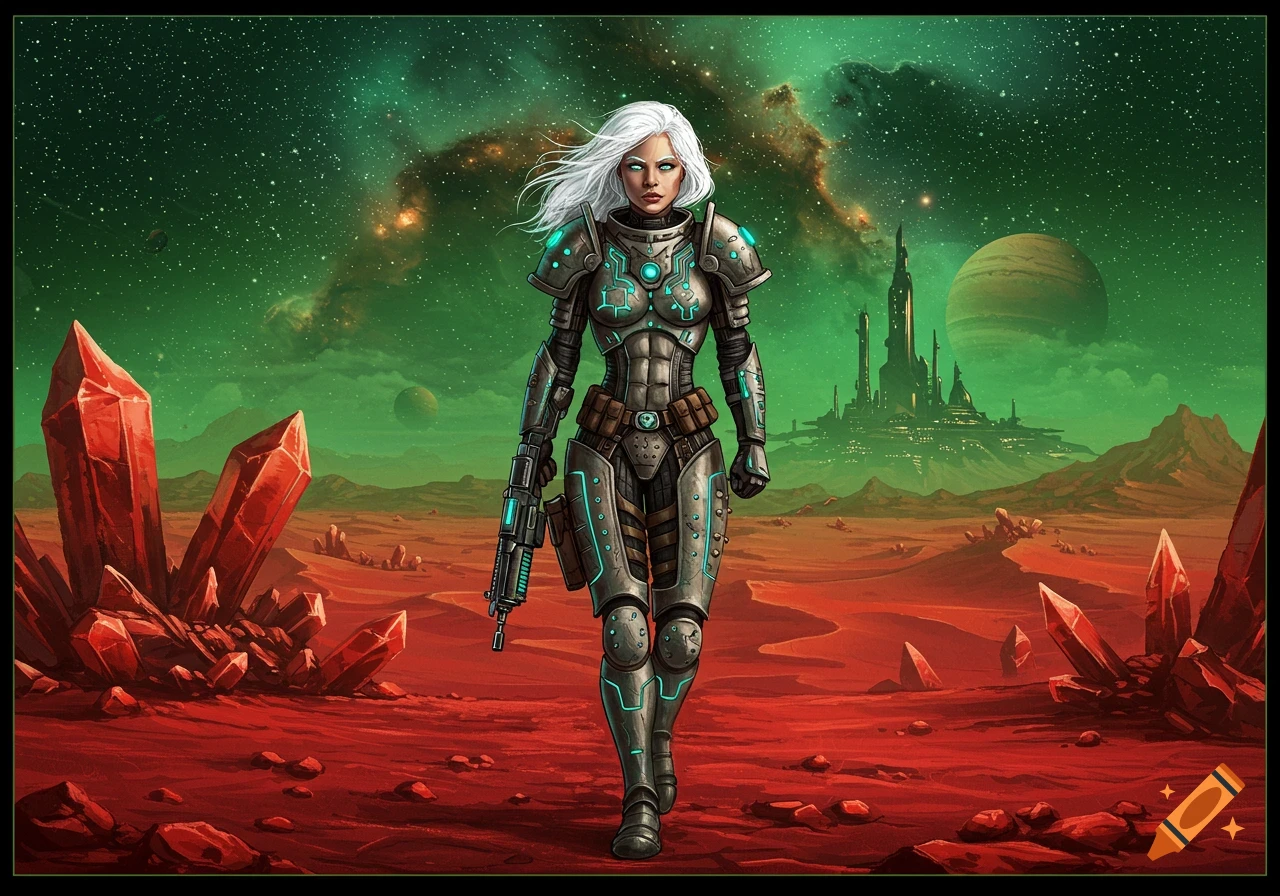 Pulp illustration of a white-haired female space marine on a red alien planet with crystals, a futuristic city, and a green, starry sky.