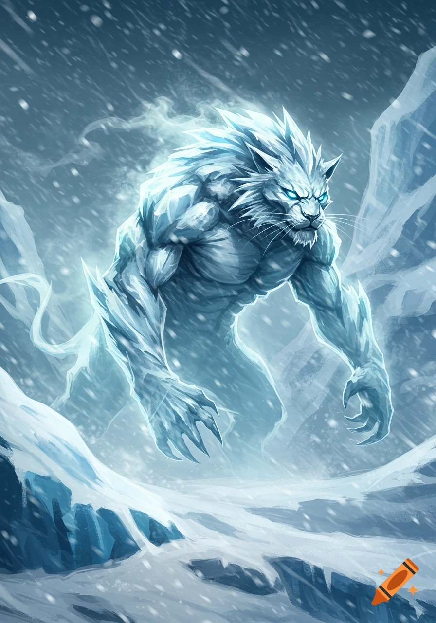 A mighty, muscular ice creature with glowing blue eyes and sharp claws stands in a snowy blizzard, fantasy art.
