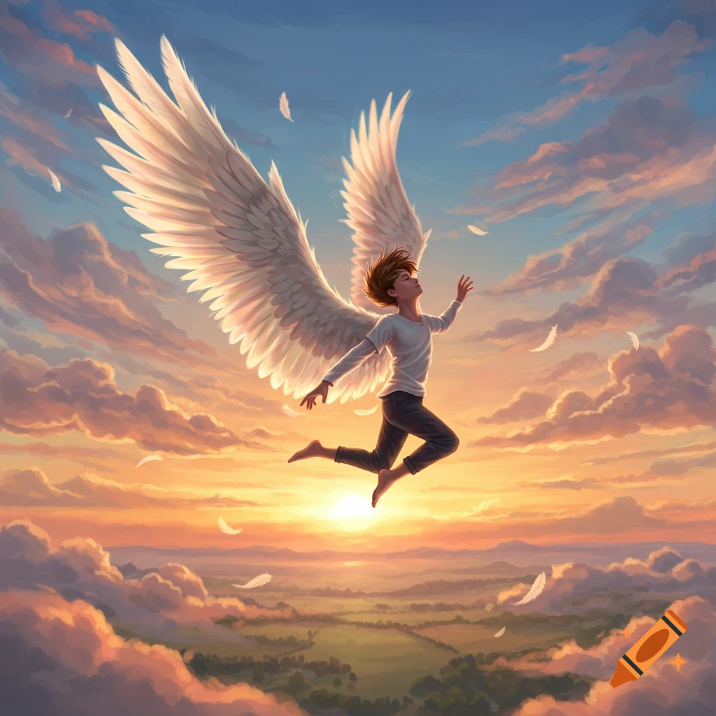 A winged boy soaring through a cloudy sky during sunset, with feathers falling around him and a landscape below.