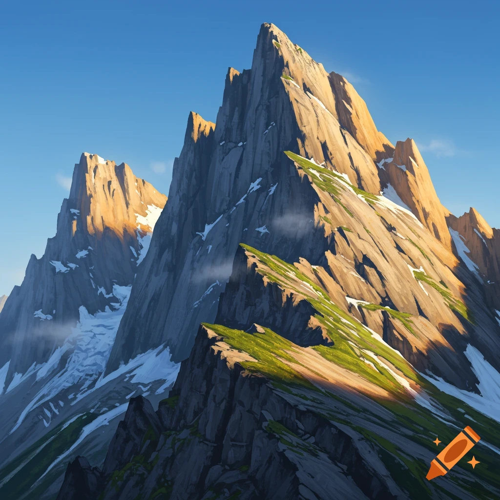 Stylized illustration of jagged, sunlit mountains with patches of snow and green foliage against a clear blue sky.