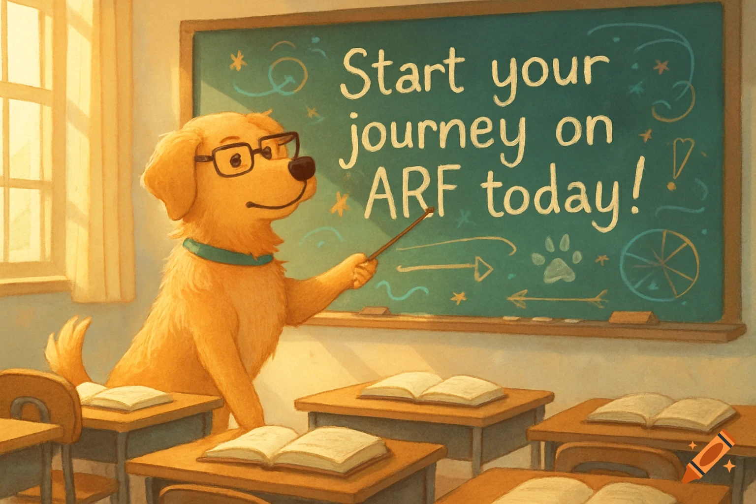 A cartoon golden retriever teacher wearing glasses points at a chalkboard with 'Start your journey on ARF today!' in a classroom.
