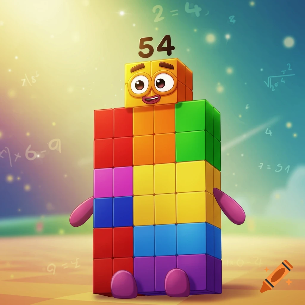 A colorful cartoon character made of stacked blocks, similar to Numberblocks, with the number 54 on its head, smiles in a brightly lit, whimsical setting with faint math equations in the background.