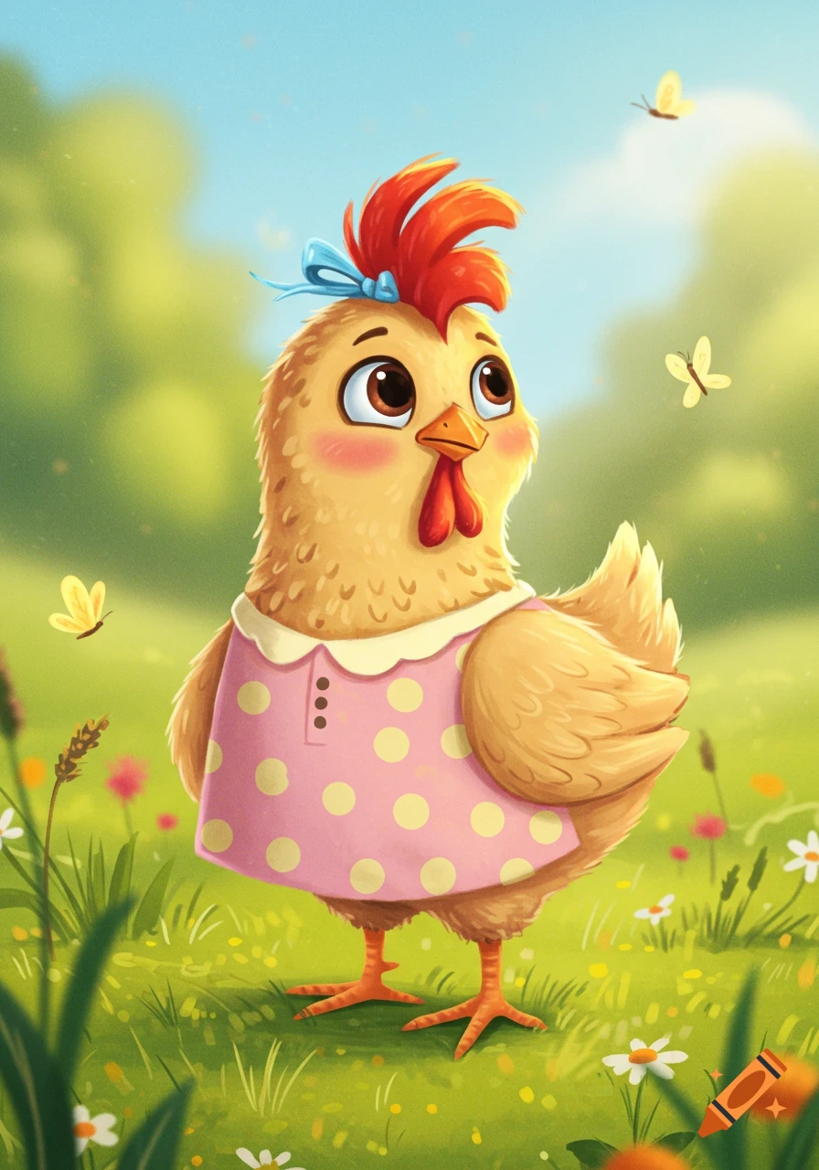 A cute cartoon chicken in a pink polka dot dress with a blue bow, standing in a sunny grassy field with butterflies.